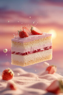 Strawberry cream cake slice with a rich strawberry compote layer and smooth soft pink cream, topped with fresh strawberries