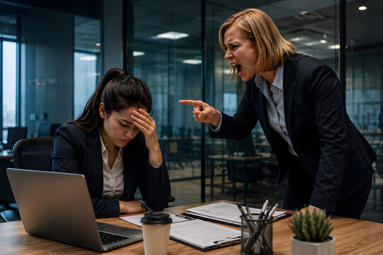 Toxic workplace conflict with angry female boss yelling at stressed employee in modern office, emotional burnout, corporate pressure, workplace harassment, realistic business scene.
