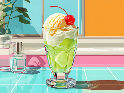 レトロな喫茶店のメロンクリームソーダのイラスト バニラアイスとさくらんぼが乗った飲み物素材