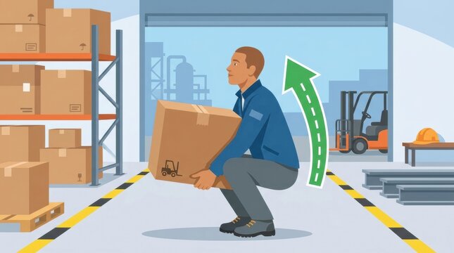 Worker demonstrates safe lifting technique while handling a box in a construction site warehouse during the daytime.
