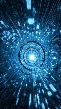 Futuristic digital data tunnel with glowing blue light streaks