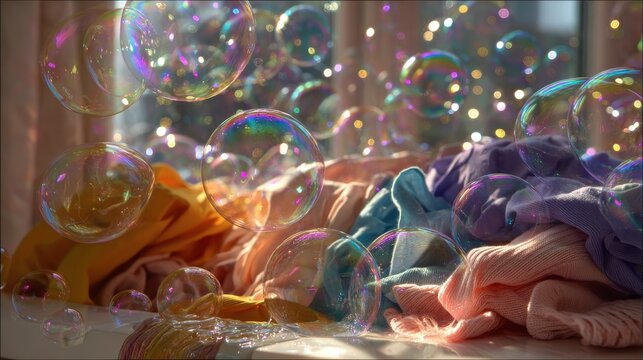 Fresh laundry in an airy cascade of soap bubbles: fabric pieces drift through translucent froth