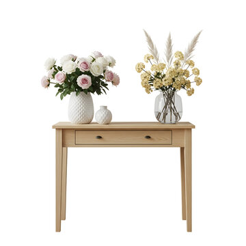 Elegant wooden console table with two white floral arrangements