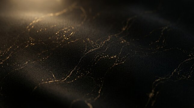 Dark marble surface with golden veins and sunlight reflection
