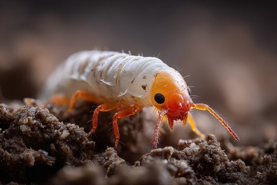 Close-up macro photograph of a white grub with orange head emerging from soil