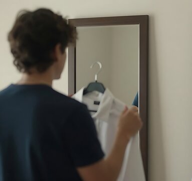 Young man holding a white shirt while looking in a mirror  