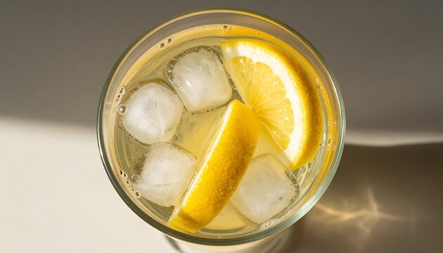 Refreshing lemon drink with ice cubes in glass on light background  