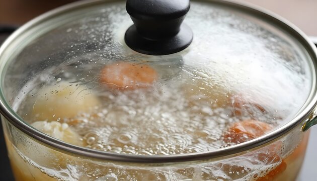 Boiling soup in glass pot with lid on wooden surface  