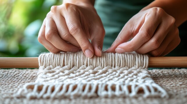 Hands Weaving Macrame Wall Hanging with Natural Textiles and Careful Precision
