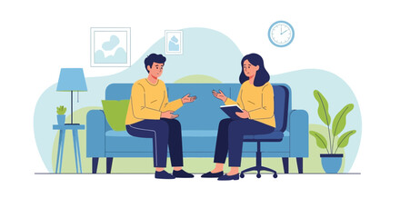 Fototapeta premium Psychologist talking to patient in therapy session, mental health support, counseling concept