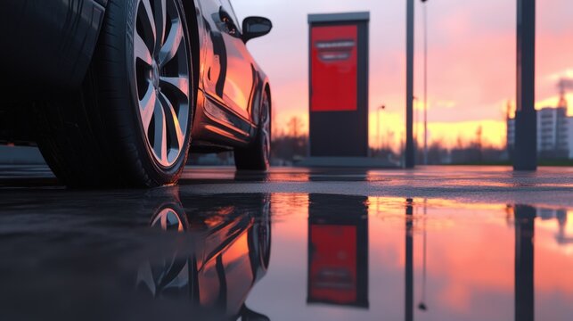 A Car's Elegance at a Fuel Station Under a Vibrant Sunset