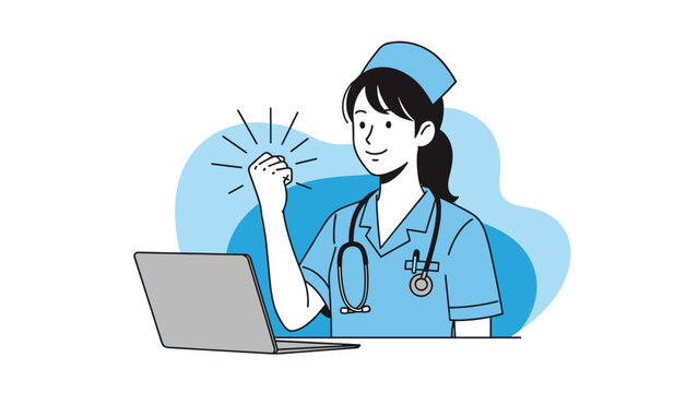 Happy female nurse wearing a blue uniform sits at a laptop computer and celebrates a victory or success with a triumphant fist pump gesture.