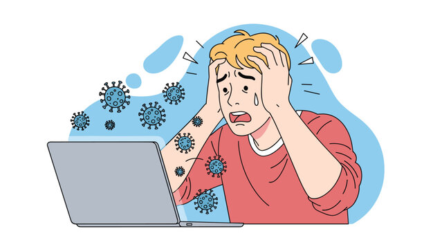 Distressed man in a red shirt holds his head in panic while looking at a laptop computer screen as virus icons float around his head.
