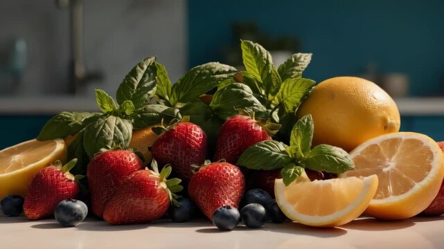 Vibrant fresh fruit arrangement with lemons, strawberries, and mint for culinary and health themes