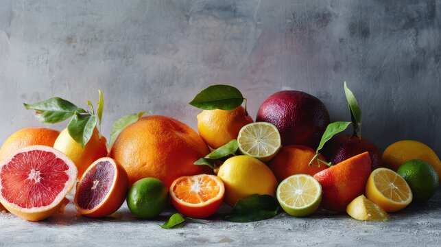 Healthy eating still life with oranges, lemons, limes and grapefruit on a neutral gray tabletop