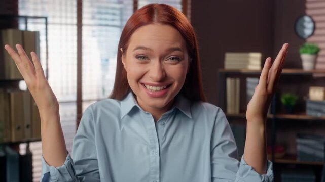 Portrait Caucasian business woman amazed showing brain explosion mind burst happy smiling businesswoman wonder surprised show insight amazing news sign smile female student girl excited in office