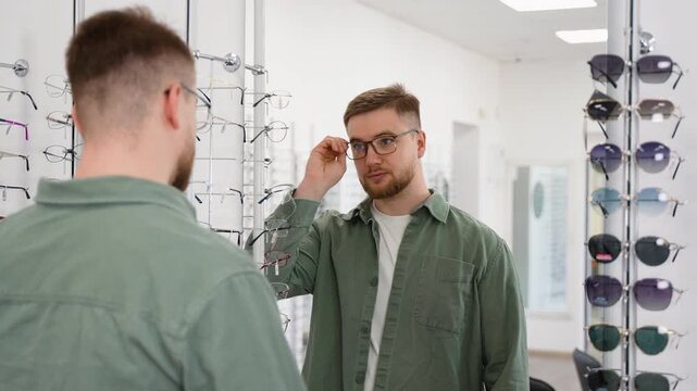 Young man trying on new eyeglasses in an optical store