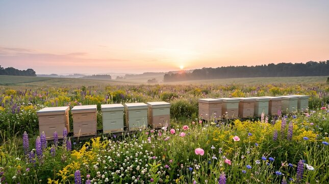 Beehives among blooming wildflowers, Beehives in wildflower meadow, Sustainable apiary landscape, Rural pollination background, Sunrise copy space, Spring farming panorama