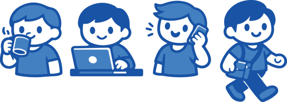 Set of blue cartoon men working and relaxing isolated on transparent background, Vector, illustration