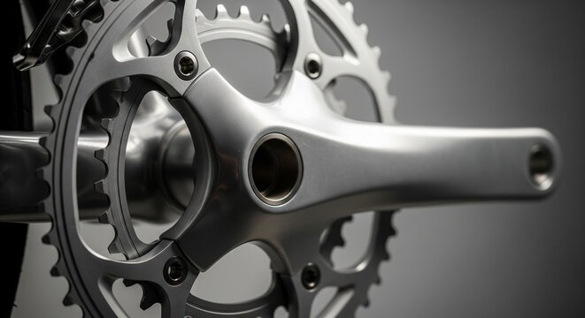 Silver bicycle crankset and chainrings detailed close-up.