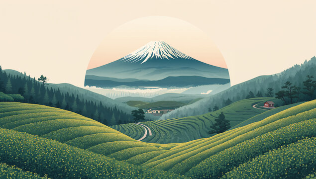 新緑の茶畑と富士山を円形に描いた清々しい和風風景