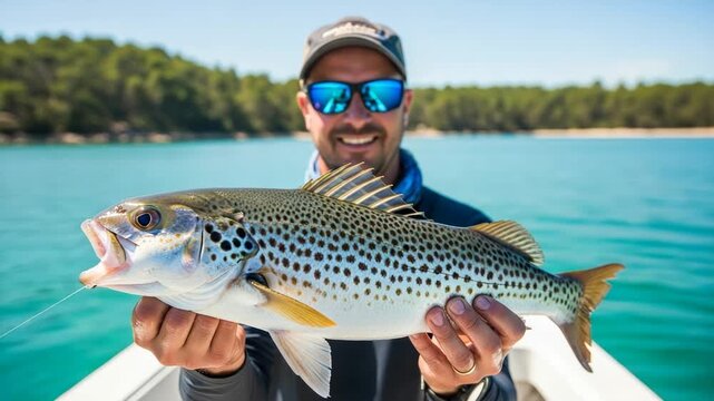 Man holding a speckled trout while fishing from a boat