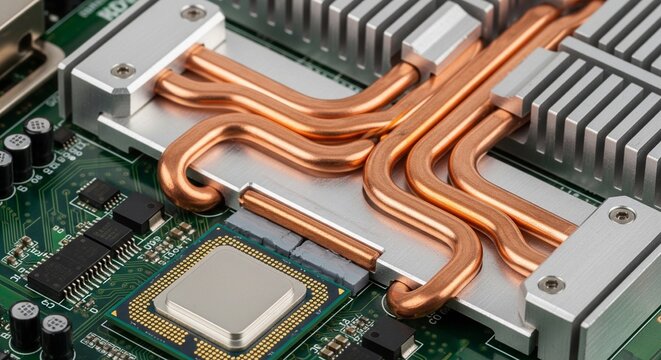 A top-down close-up view of a green computer motherboard featuring complex copper heat pipes and aluminum cooling structures near a CPU socket.