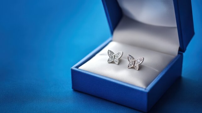 Butterfly-shaped earrings in a gift box on a bright blue background with generous copy space