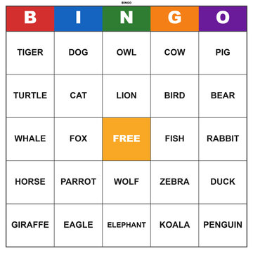 Animal word bingo game card. Printable template for a fun classroom or party activity