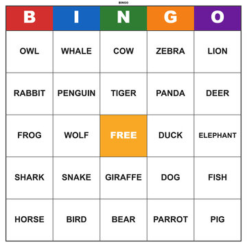 Animal bingo card with animal names. Printable 5x5 grid for a fun educational party game. Classroom activity worksheet