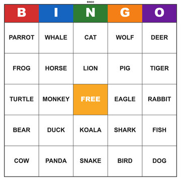 Animal bingo card with animal names. Printable 5x5 grid for a fun educational party game. Classroom activity worksheet