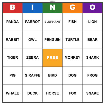 Animal bingo card with animal names. Printable 5x5 grid for a fun educational party game. Classroom activity worksheet