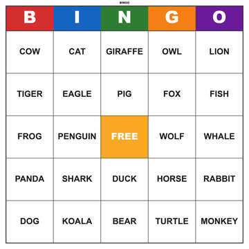 Animal bingo card with animal names. Printable 5x5 grid for a fun educational party game. Classroom activity worksheet