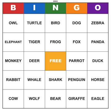 Animal word bingo game card. Printable template for a fun classroom or party activity