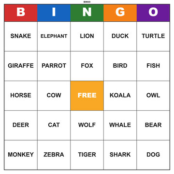 Animal bingo card with animal names. Printable 5x5 grid for a fun educational party game. Classroom activity worksheet
