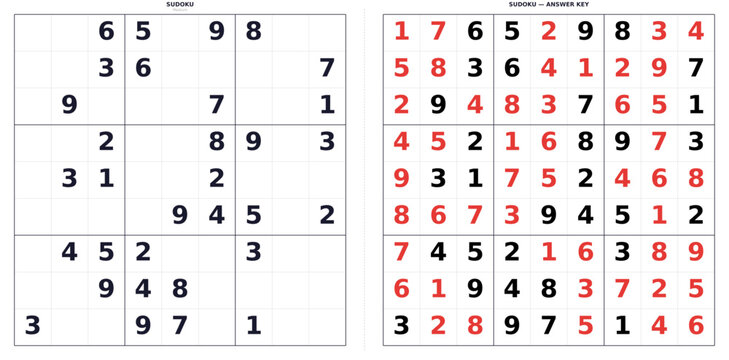 Sudoku puzzle with solved and unsolved grids displayed side by side  