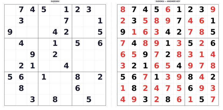 Sudoku puzzles with black and red numbers on grid background  