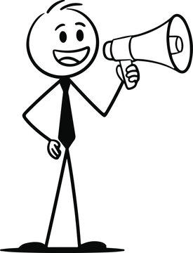 Smiling stick figure man holding megaphone isolated on transparent background, Vector, illustration