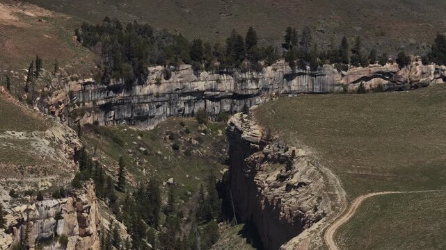 Aerial zoom shot of rugged rocky canyon in Ashley National Forest near Vernal utah