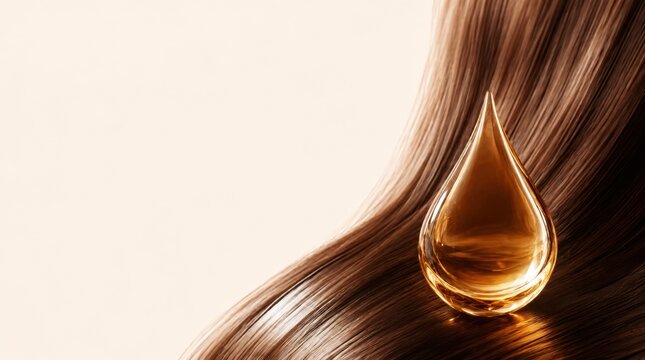Golden essential oil drop on shiny brown hair. Cosmetic background template suitable for shampoo packaging, salon advertising, and haircare product banners with copy space