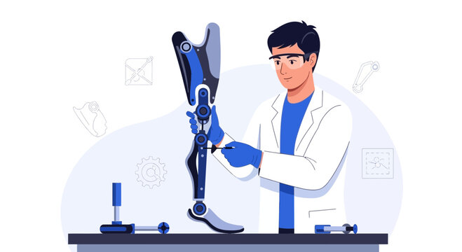 Prosthetist assembling advanced bionic leg prosthesis in modern lab