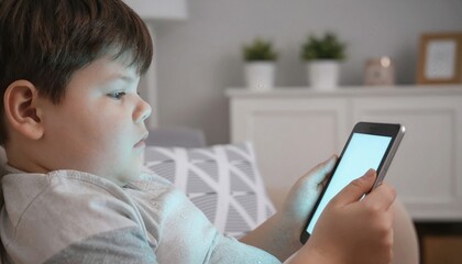 Fototapeta premium Overweight child using smartphone during sedentary screen time lifestyle