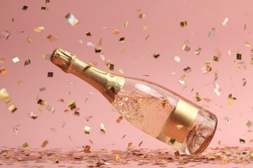 Fototapeta premium Elegant pink background featuring a champagne bottle and metallic confetti