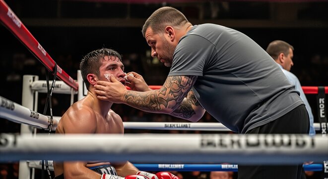 Cornerman tends to sweaty boxer in intense ring corner, conveying raw emotion and the physical toll of a fight.