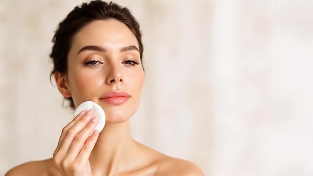 beautiful young woman applying skincare treatment on her face with cotton pad