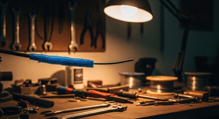 Obraz premium Electric wire with blue tape on workbench, industrial workshop with tools and lights, repair and technical work concept