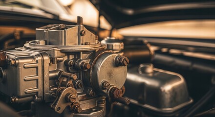 Fototapeta premium Vintage carburetor close-up, detailed mechanical parts under classic car hood, automotive nostalgia and craftsmanship