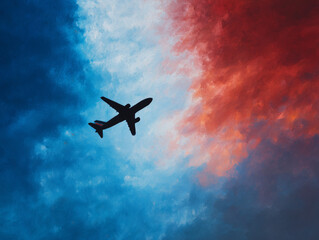 Naklejka premium Airplane silhouette painting flying through french flag sky