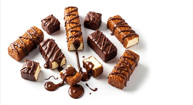 Decadent chocolate drizzled curd cheese bars artfully arranged with melted chocolate sauce on white background, gourmet dessert photography