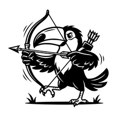 Obraz premium A cartoon toucan with determined eyes pulls back a bowstring, aiming an arrow with precision, ready to strike its target with cartoonish flair and a dynamic, action-packed pose. vector illustration